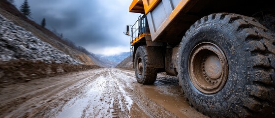 heavy truck mining concept. Heavy mining truck navigating through muddy terrain under a cloudy sky.