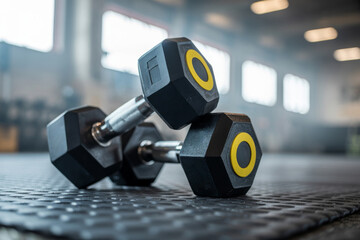 Two hexagonal rubber coated dumbbells resting on gym equipment close up professional shot