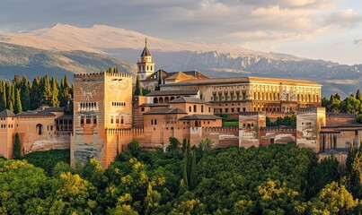 Majestic palace complex nestled in a verdant landscape, mountains in background, bathed in sunset light