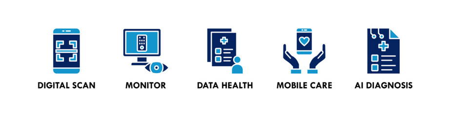 Health Tech banner web icon vector illustration concept with icon of digital scan, monitor, dat health, mobile care, and AI diagnosis
