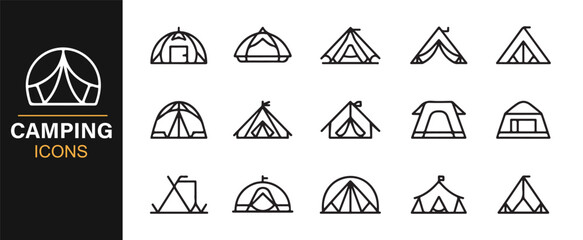 Camping gear icons collection vector outline tents and hiking symbols