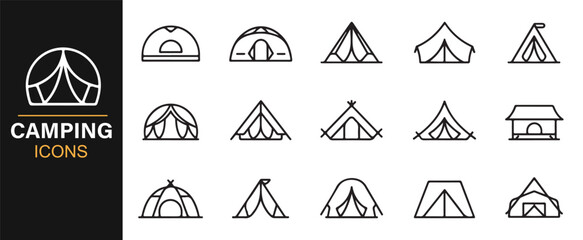 Editable stroke camping icons vector set outline tent and travel equipment