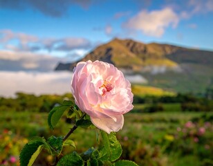 Delicate pink rose in a field, mountain backdrop