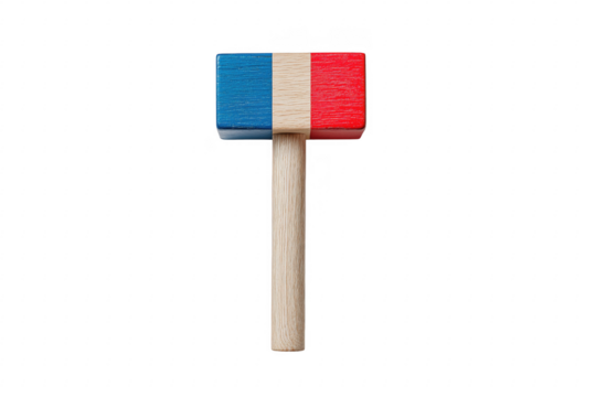 A wooden hammer decorated with the french flag on a transparent background