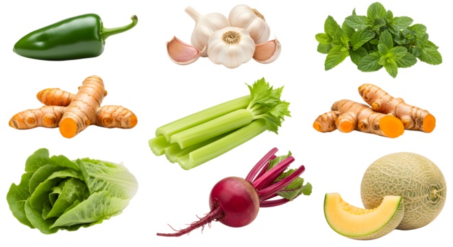 Fresh vegetables and herbs assortment including jalapeno pepper, garlic, mint, turmeric roots, celery, lettuce, beetroot, and cantaloupe melon , best for healthy cooking and meal preparation