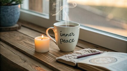 Cozy Window Scene with Coffee Cup, Candle, and Open Book for Relaxation and Mindfulness Moments