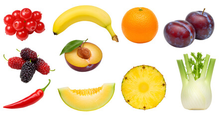 Fresh colorful assorted fruits and vegetables including banana, orange, plum, chili, pineapple, avocado, blackberries, and fennel, perfect for healthy eating and nutrition content
