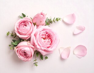 Delicate pink roses and petals on a light background