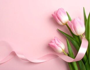 Delicate pink tulips and ribbon on a pastel background (1)