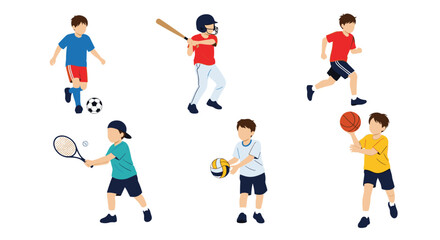 Children engaged in a variety of popular sports activities and games on a white background.