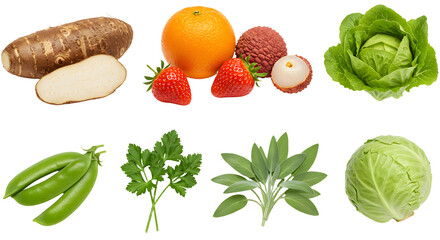 Fresh healthy mixed vegetables and fruits including sunchoke, orange, strawberry, lychee, lettuce, snap peas, parsley, sage, and cabbage on white background