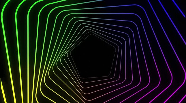 Neon Pentagon Tunnel with Rainbow Gradient on Black Background abstract light