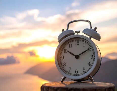 Sunrise, clock on stump - Powered by Adobe