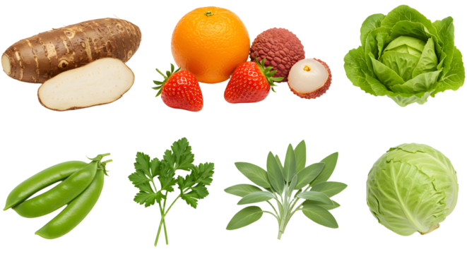 Fresh healthy mixed vegetables and fruits including sunchoke, orange, strawberry, lychee, lettuce, snap peas, parsley, sage, and cabbage on white background