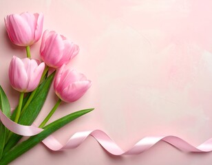 Delicate pink tulips and ribbon on a pastel background