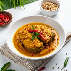 Aromatic fish curry plated elegantly on a white backdrop, showcasing rich golden hues and vibrant seasonings