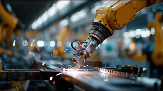 Robotic arm welding in industrial facility creates sparks during metal fabrication