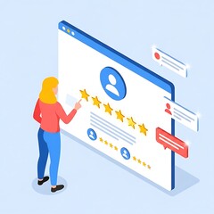 Woman giving a five star rating on a website review interface with comments and notifications