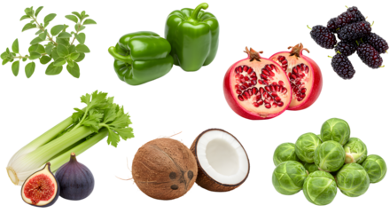 Fresh assorted healthy fruits and vegetables including green bell peppers, pomegranate, coconut, Brussels sprouts, celery, mint, figs and mulberries, perfect for nutrition and cooking