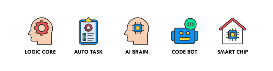 AI and Automation banner web icon vector illustration concept with icon of logic core, auto task, AI brain, code bot, and smart chip