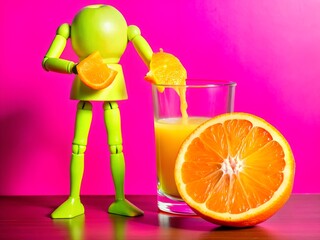 Anthropomorphic Orange Character Pouring Fresh Juice into Glass