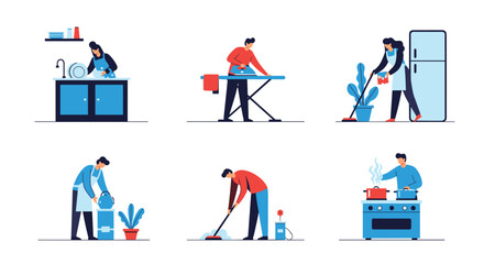 A collection of people performing various household chores and domestic tasks.