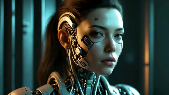 Futuristic Female Cyborg with Robotic Implants and Realistic Artificial Intelligence Expression