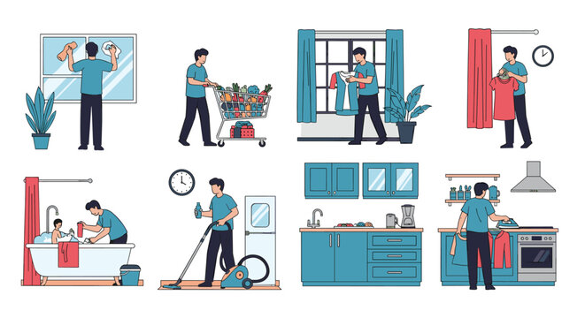 Detailed illustrations of a person performing various household cleaning tasks.