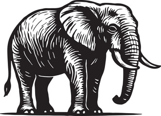 Striking black and white woodcut illustration of a majestic african elephant standing powerfully