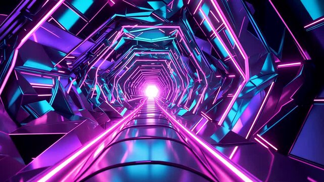 Futuristic Neon Tunnel with Geometric Shapes and Glowing Lights Creating Sci-Fi Perspective