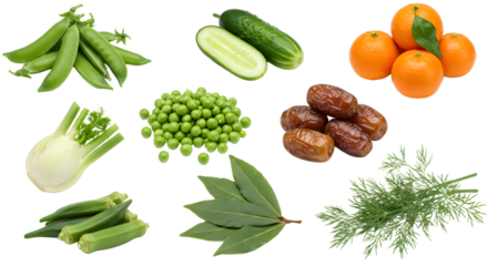 Fresh green and orange vegetables and fruits collection including fennel, okra, peas, cucumber, tangerines, bay leaves, and dried dates, perfect for healthy eating