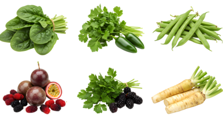 Fresh green vegetables and fruits assortment including spinach, parsley, green beans, passion fruit, blackberries, and parsnips, perfect for healthy meals