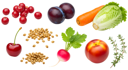 Fresh mixed vegetables and fruits including cherry, carrot, radish, tomato, plums, soybeans and lettuce on white background, healthy food concept