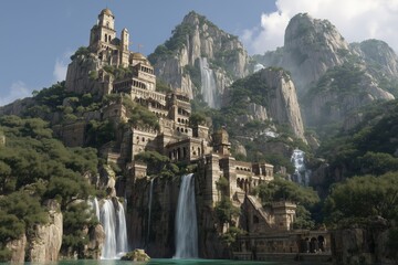 Mountaintop Village With Waterfalls