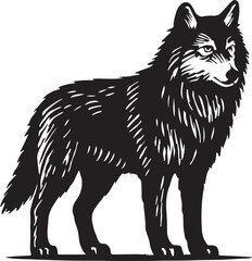 Detailed black and white woodcut illustration of a powerful wolf standing alert in profile view