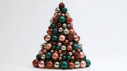 Glowing elegant Christmas tree decorated with metallic copper red and green spheres plain backdrop