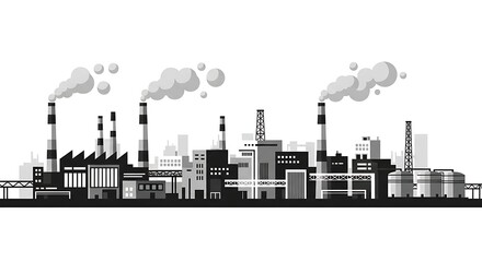 Industrial factory silhouette with smoke billowing from chimneys against a white background