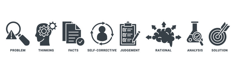 Fototapeta premium Critical thinking icon set vector concept with icon of problem, thinking, facts, self-corrective, judgment, rational, analysis, solution 