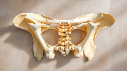 Educational display of a human pelvis anatomy model in a well-lit science classroom