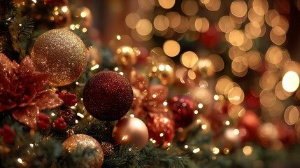 Sparkling festive Christmas tree filled with glowing lights copper ornaments red ornaments and green ornaments background free