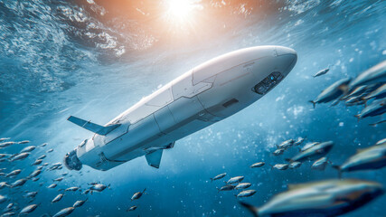 Fototapeta premium Exploring the depths of the ocean with a high-tech underwater vehicle surrounded by schooling fish