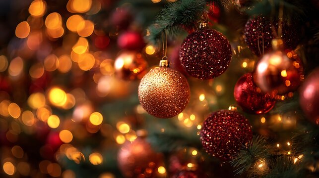 Sparkling festive Christmas tree filled with glowing lights copper ornaments red ornaments and green ornaments background free