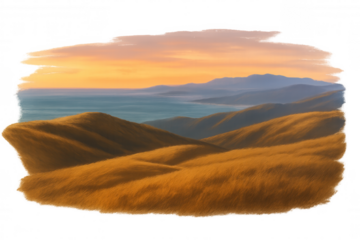 Golden hills landscape at sunset near the ocean coast painted brush stroke effect on transparent background