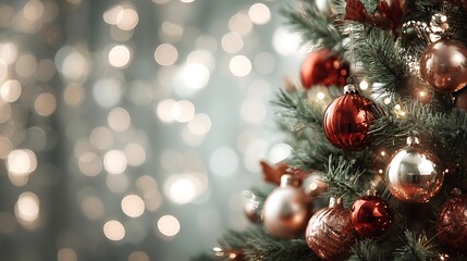 Bright shimmering Christmas tree decorated with glowing lights copper red and green ornaments simple backdrop