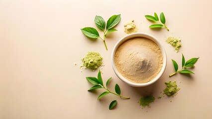Soft-toned clay bowl with organic herbal ingredients on pastel beige surface styled with dried leaves