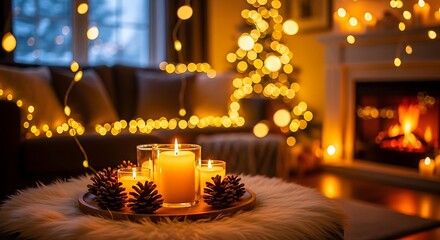 Cozy christmas living room with glowing candles fireplace and illuminated tree