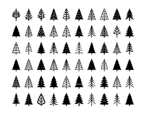 Collection of stylized pine tree silhouettes