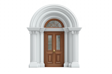 Classical architectural entrance design with wooden door and elegant white corinthian columns transparent