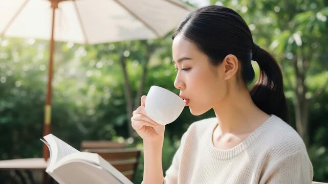 Woman drinking from white cup while reading a book outdoors under an umbrella on a sunny day
