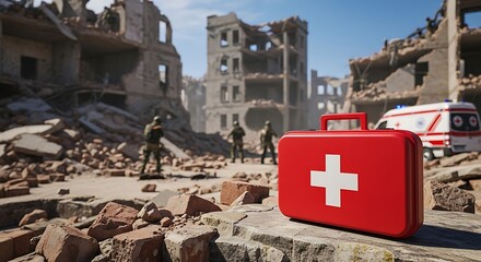 Red first aid kit with white cross in foreground of destroyed city with ambulance